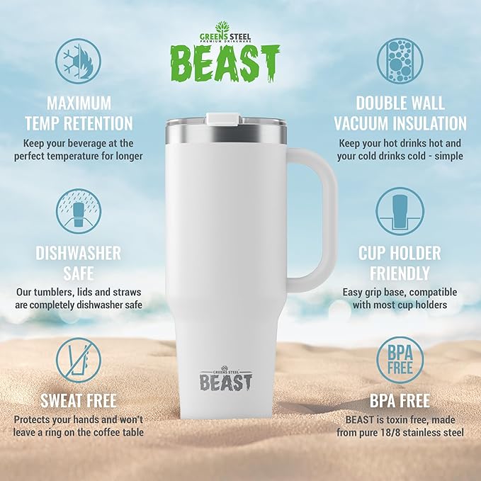 Beast 42 oz Tumbler Stainless Steel Vacuum Insulated Coffee Ice Cup Double Wall Travel Flask (Arctic White)