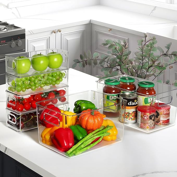 Clear Storage Bins 8 Pack for Fridge,4 Large Plastic Pantry Organizer Bins and 4 Small Stackable Storage Containers for Home Edit Kitchen Freezer Bathroom Under Bed Vanity Drawers