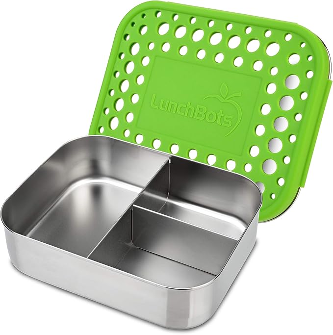 LunchBots Medium Trio II Snack Container - Divided Stainless Steel Food Container - Three Sections for Snacks On the Go - Eco-Friendly, Dishwasher Safe, BPA-Free - Stainless Lid - Green Dots