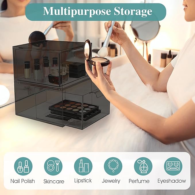 4 Pack Stackable Makeup Organizer and Storage, Acrylic Organizers，Clear Plastic Storage Drawer with Pull-Out Handles for Vanity, Undersink, Kitchen Cabinets, Pantry, Black