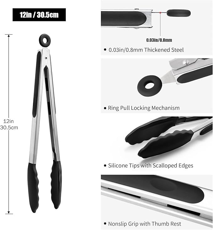 Doosu Kitchen Tongs for Cooking - 600°F Heat Resistant Food Tong with Non-Scratch Silicone Tips, Heavy Duty Stainless Steel Locking Tong for BBQ, Grilling Steak, Serving Salad, Pasta (12in, Black)