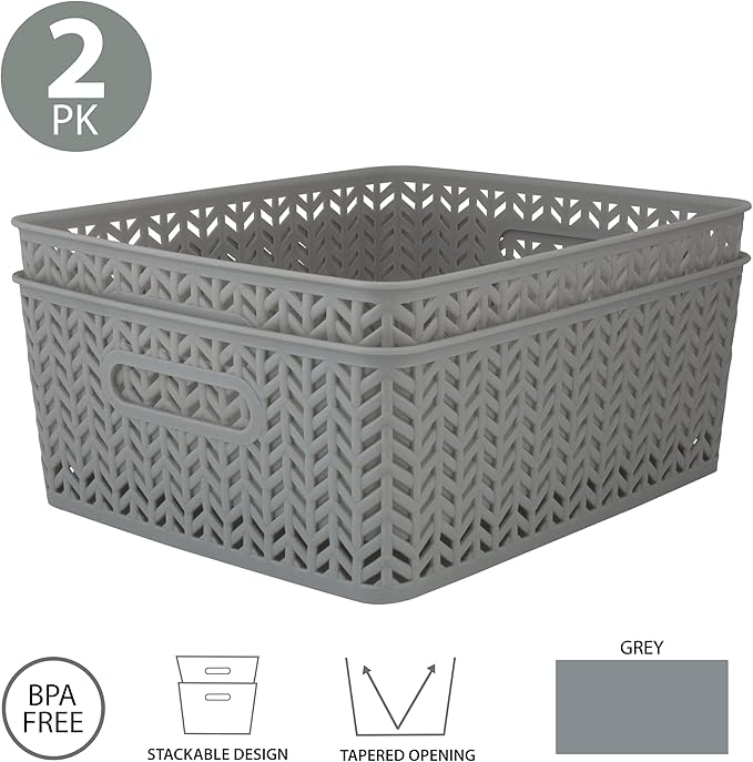 Simplify 2 Pack Medium Herringbone Storage Basket | Dimensions: 14"x11.5"x5.15" | Sturdy Polypropylene Plastic | 2 Open Handles | Lightweight | Home Organization | Heather Grey