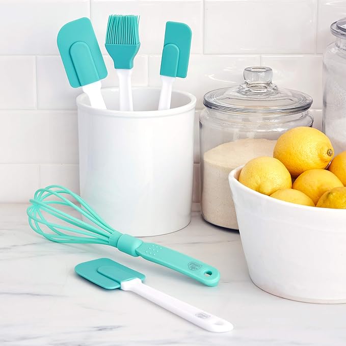 GreenLife Cooking Tools and Utensils, 5 Piece Nylon and Silicone Baking Set with Spatulas Wisk and Brush, Dishwasher Safe, Turquoise