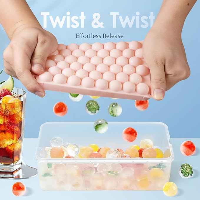 WIBIMEN Ice Cube Tray with Lid and Bin - Round Ice Trays for Freezer with Lid - Ice Cube Trays for Freezer with Ice Container (0.8"-2PACK Pink)