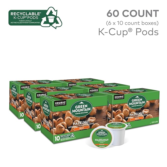 Green Mountain Coffee Roasters Hazelnut Decaf Keurig Single-Serve K-Cup pods, Light Roast Coffee, 60 Count (6 Packs of 10)