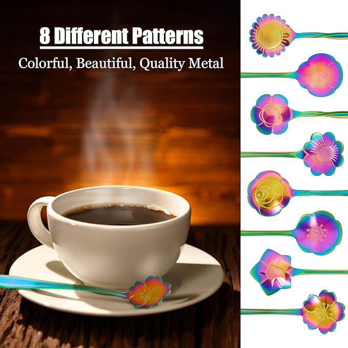 Chengu 8 Pieces Flower Coffee Tea Spoons Stainless Steel Sugar Spoons Tea Party Flower Fancy Tableware Set Stir Bar Creative Stirring Teaspoon, 8 Different Patterns(Rainbow Color)