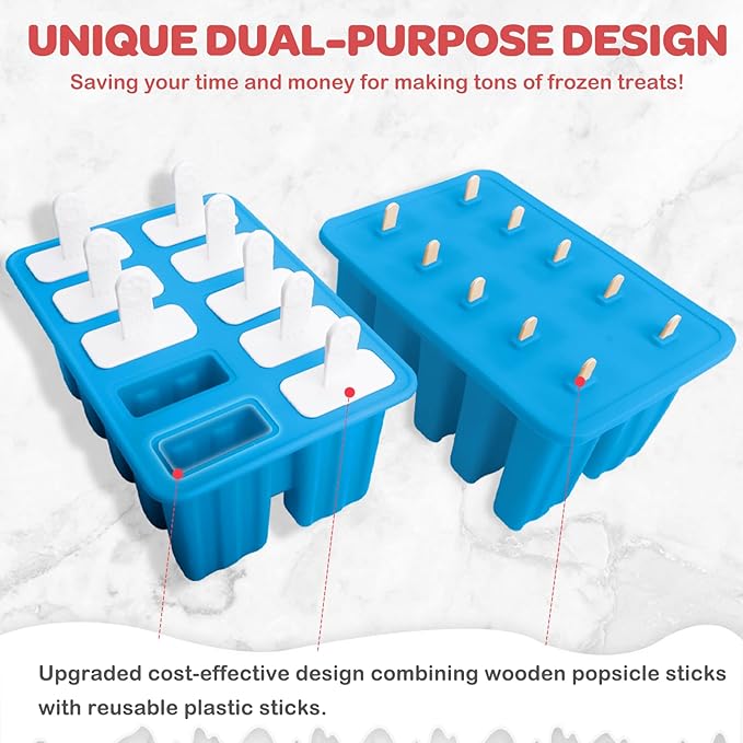 Miaowoof Homemade Popsicle Molds, 10-Cav Non-BPA Silicone Ice Pop Maker, with 50 Sticks, 50 Bags, 10 Reusable Sticks, Funnel, Brush and Ice Pop Recipe (Blue)