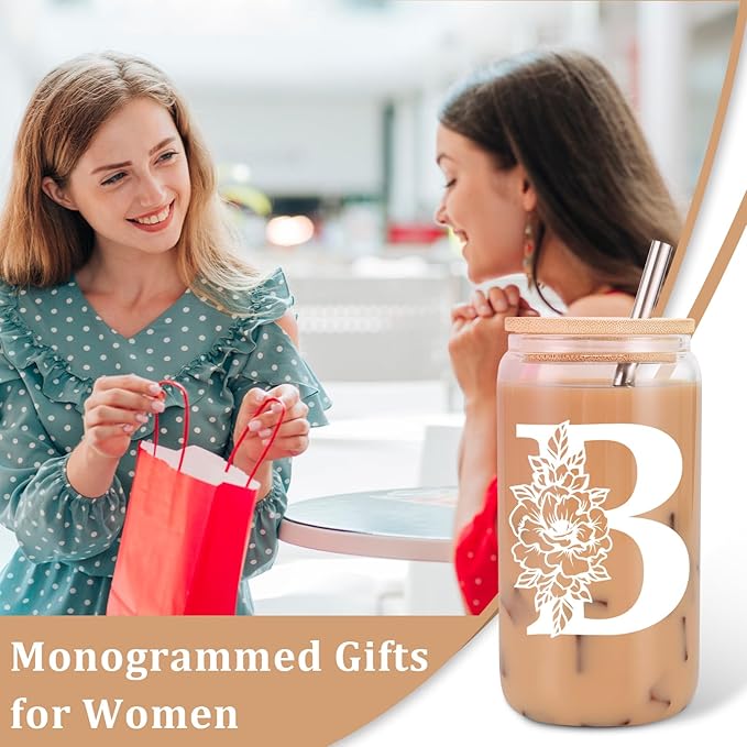 Coolife Initial Glass Cup, Monogrammed Gifts for Women, 16 oz Glass Cups w/Lids Straws, Iced Coffee Smoothie Beer Tumbler w/Straw Lid - Personalized Christmas, Birthday Gifts for Her Mom Friend Woman
