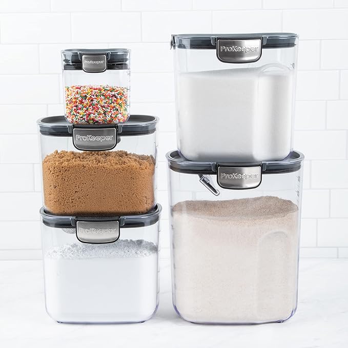 ProKeeper+ 9-Piece Airtight Food Storage Container Set – Clear Plastic Flour and Sugar Canister Set with Magnetic Accessories for Kitchen Organization (Grey, 9-Piece)