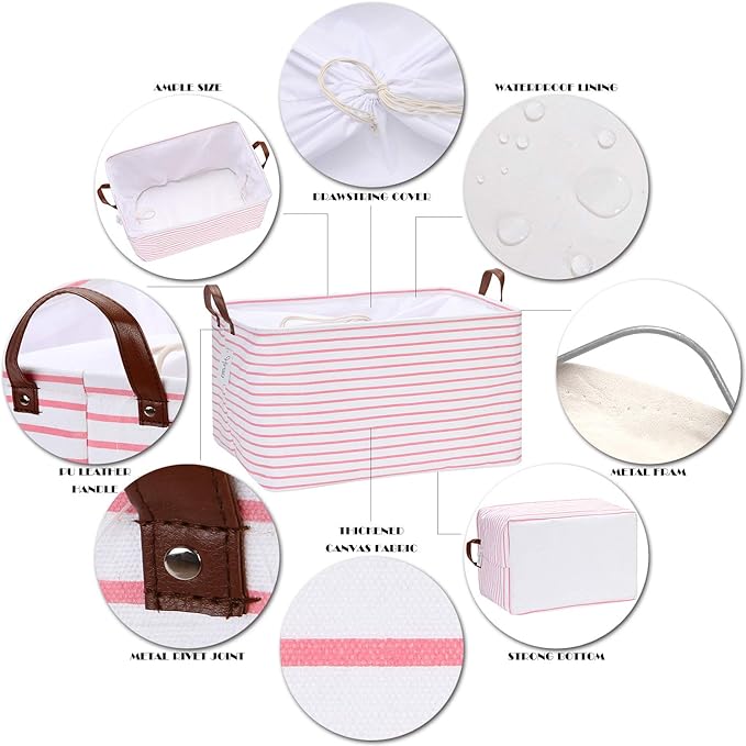 Hinwo 70L Extra Large Storage Bins, Closet Organizers and Storage, Foldable Clothes Storage Baskets with Handles, Containers for Clothing, Blanket, Comforters, Toys, Bedding (Pink Stripe)