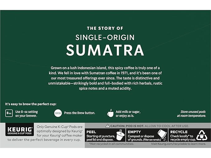Starbucks Coffee Company Starbucks Single-Origin Coffee K-Cup Pods, Sumatra, Dark Roast Ground Coffee K-Cups for Keurig Brewing System, 100percent Arabica Coffee, 10 CT K-Cups/Box (Pack of 2 Boxes)