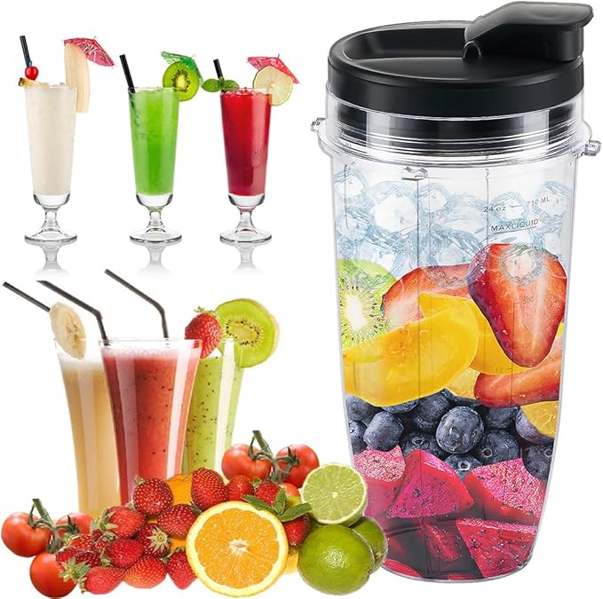 Replacement 24oz Blender Cup with Sip & Seal Lid For Nutri Ninja BL450 BL456 BL480 BL482 BL640 BL642 BL682 BN401 BN751 BN801 Foodi SS101 SS151 SS351 SS401 Ninja Blender Auto IQ Blade, 2-Pack …