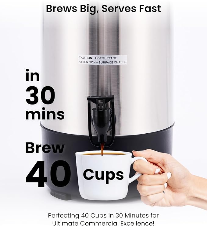 SYBO Commercial Grade Stainless Steel Percolate Coffee Maker, Hot Water Urn for Catering, Hot Beverage Dispenser, 40-Cup, 6L, Metallic