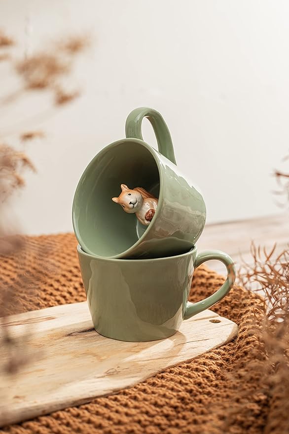 DIHOclub Squirrel Ceramic Cup Hidden 3D Animal Inside Mug,Cute Cartoon Handmade Figurine Mugs,Holiday and Birthday Gift for Coffee Milk Tea Lovers,12 OZ(Light Green)