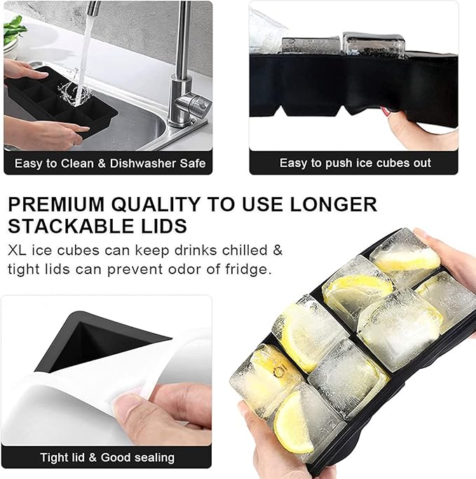 LessMo Ice Cube Tray with Lid - 2 Pack Large Silicone Ice Tray Molds for Freezer, BPA Free, Big Square Ice Cube for Whiskey, Cocktails, Baby Food, Juices