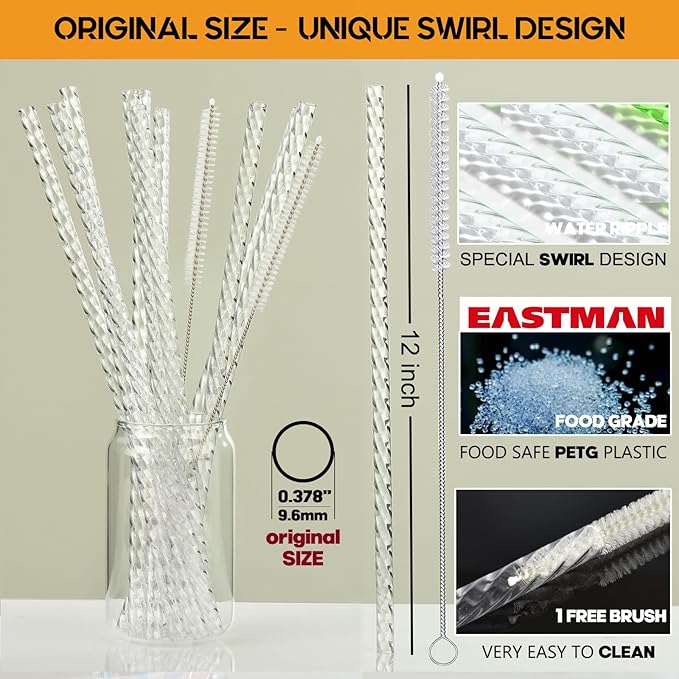 ALINK 6 Pack Replacement Clear Swirl Straws for Stanley 40 oz 30 oz Tumbler, 12 in Long Reusable Plastic Straws for Stanley, Owala Cup Accessories, Half Gallon Jug, Plus 1 Cleaning Brush