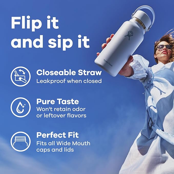 Hydro Flask Water Bottle - Insulated Stainless Steel - Wide Mouth Flex Straw Lid, Non Spill, Leakproof and Refillable in 32 Oz Surf Blue