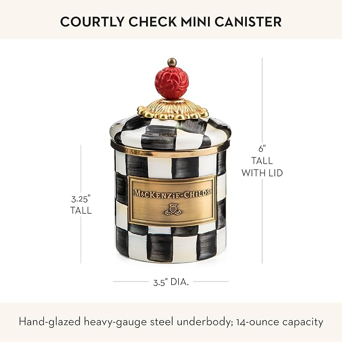MACKENZIE-CHILDS Courtly Check Enamel Canister, Black-and-White Kitchen Storage Container with Lid, Mini