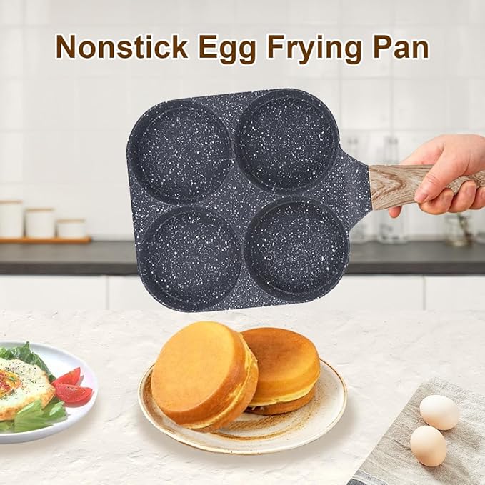 Fried Egg Pan, Egg Frying Pan 4 Cups Egg Poacher Pan Nonstick Mini Pancake Pan Burger Maker for Breakfast, Aluminum Alloy (Black)