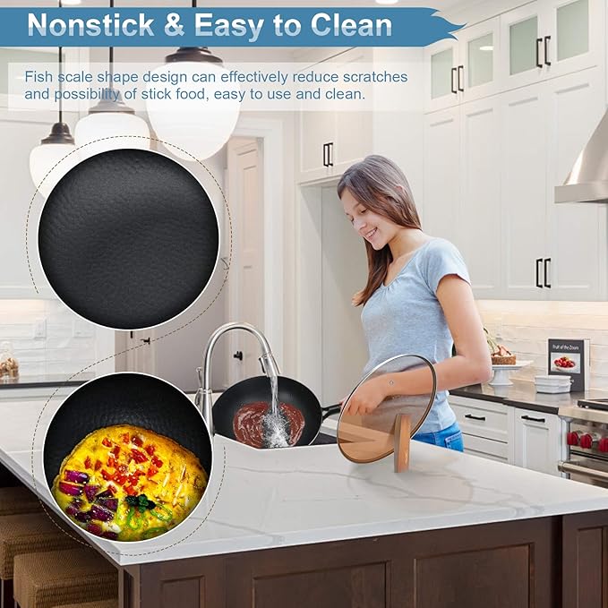 Carbon Steel Wok Pan with Lid & Wood Spatula, 12.5" Cast Iron Stir Fry Pan with Flat Bottom and Wooden Handle for Electric, Induction and Gas Stoves
