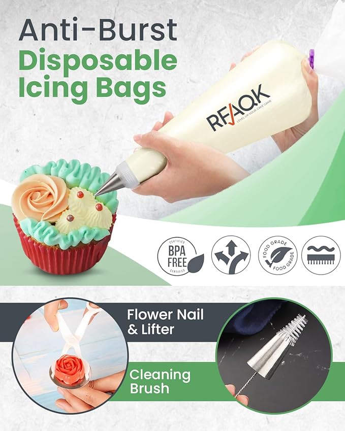 RFAQK 74 PCs Icing Piping Bags and Tips Set, Cake Decorating Kit with 48-Numbered Piping Tips, 20+1 Pastry Bags for Cookie Cupcake Cake Decoration, with Booklet and E-book (Green)
