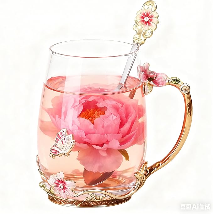 Handicraft Crystal Glass 3D Flower Cups Tea Mug With Tea Spoon Women Coffee, Tea, Juice, Beer, Milk Hot And Cold Drinks Use Gift Package. (Red-Tal)