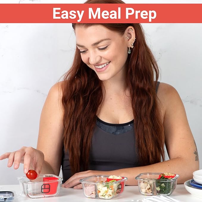 Portion Control Containers for Bariatric Meals – 8 oz Glass Meal Prep Containers with Two 4 oz Compartments and Lids (3 Pack), Reusable Bento Lunch Boxes