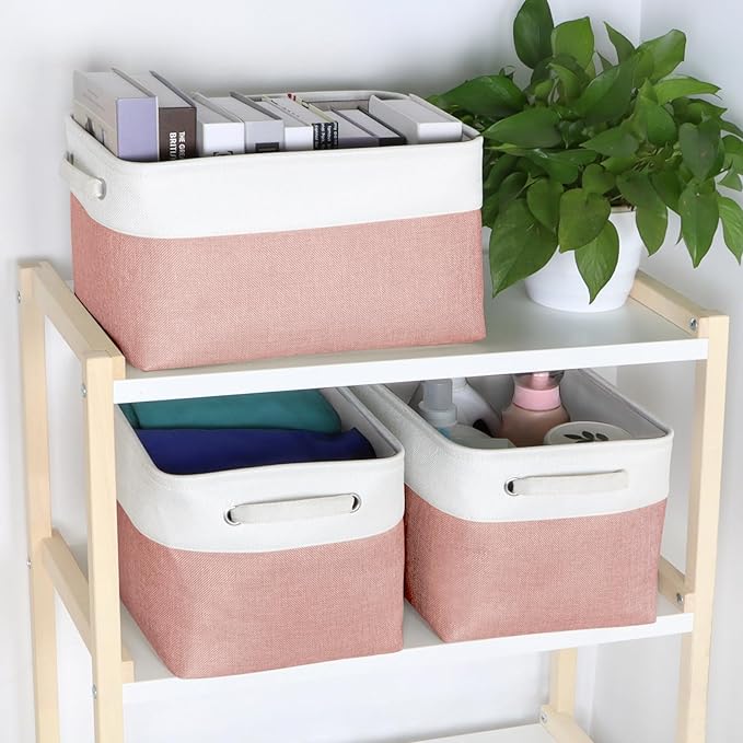 Kntiwiwo Foldable Storage Bin Collapsible Fabric Storage Basket Cube with Durable Handles Closet Organizer Bins for Organizing Shelves Drawers, Set of 3, 15" x 10" x 9.5", Pink