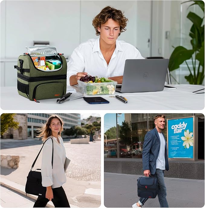 MIER Dual Compartment Lunch Bag Tote with Shoulder Strap for Men and Women Insulated Leakproof Cooler Bag, Dark Blue