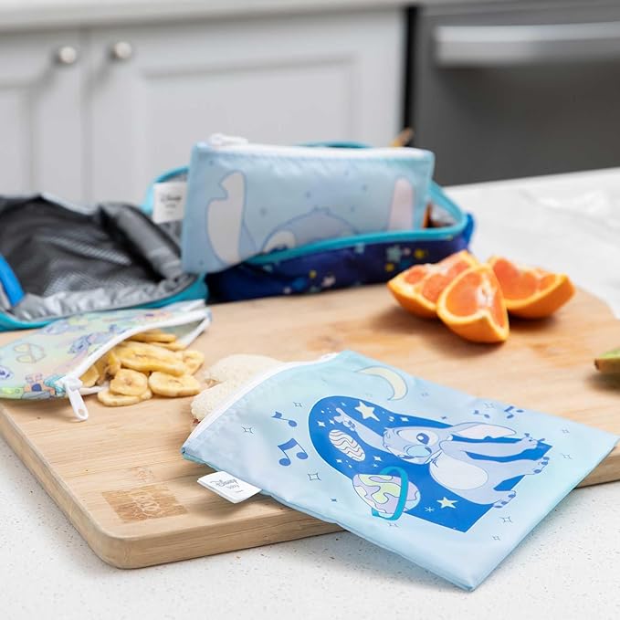 Bumkins Reusable Sandwich and Snack Bags, for Kids School Lunch and for Adults Portion, Washable Fabric, Waterproof Cloth Zip Bag, Travel Pouch, Food-Safe Storage, Large 2-pk, Disney Stitch