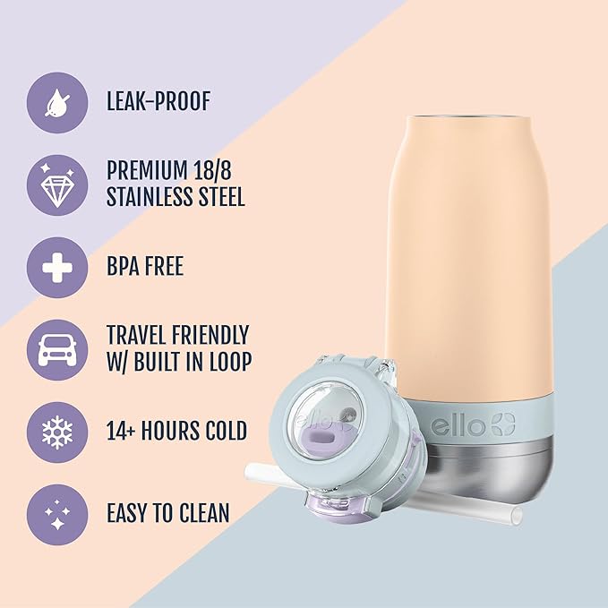 Ello Emma 14oz Vacuum Insulated Stainless Steel Kids Water Bottle with Straw and Built-in Carrying Handle and Leak-Proof Locking Lid for School Backpack, Lunchbox and Outdoor Sports