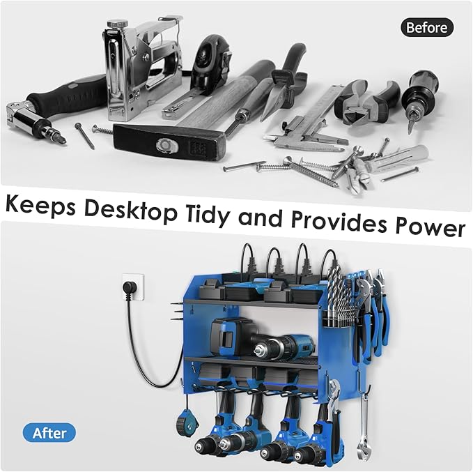 CCCEI Modular Power Tool Organizer Wall Mount with Charging Station. Garage Drill Storage Shelf with Hooks, Heavy Duty Rack, Tool Battery Holder Built in 8 Outlet. Gift for Men. Blue, 1 Pack.