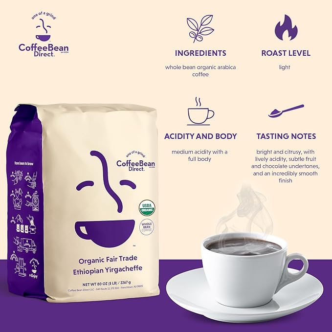 Coffee Bean Direct Organic Fair Trade Ethiopian Yirgacheffe, Whole Bean Coffee, Light Roast, 5 Pound Bag (Pack of 1)