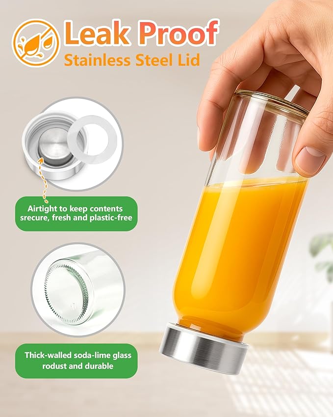Zukro Clear Glass Juice Bottles 10.5 oz, 8 Pack Reusable 300ml Glass Jars With Airtight Stainless Steel Lids for Juicing, Milk, Ginger Shot, Smoothie, Leak Proof Small Water Container, BPA Free