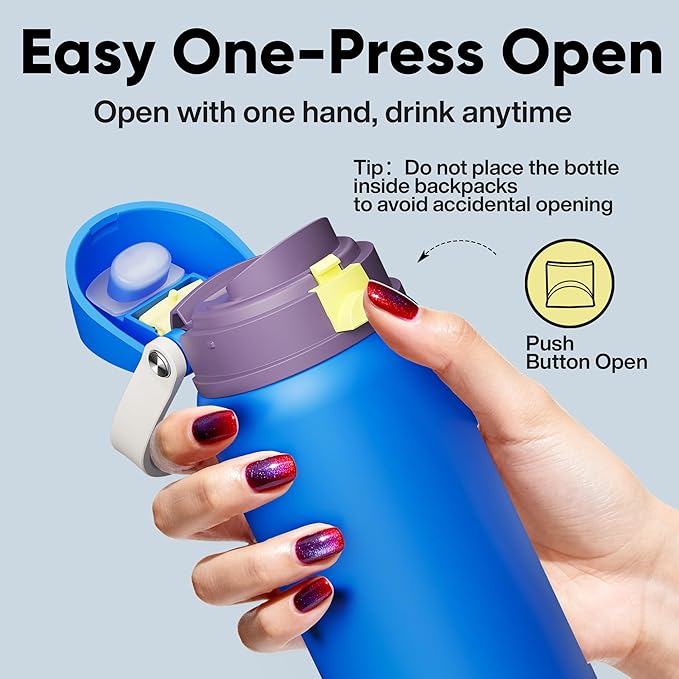 Insulated Water Bottle with Straw - Encool Stainless Steel Water Bottle with Push Button Lid, Leak-Proof & BPA-Free, Keeps Cold for 24 Hours for Sports, Travel, Gym (40 oz, Sapphire)