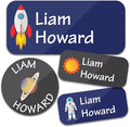 Personalized Daycare Name Labels for Kids (130 Labels) - Custom Waterproof Name Stickers for Clothing Tags, Water Bottles, Lunch Boxes and School Supplies (Space)
