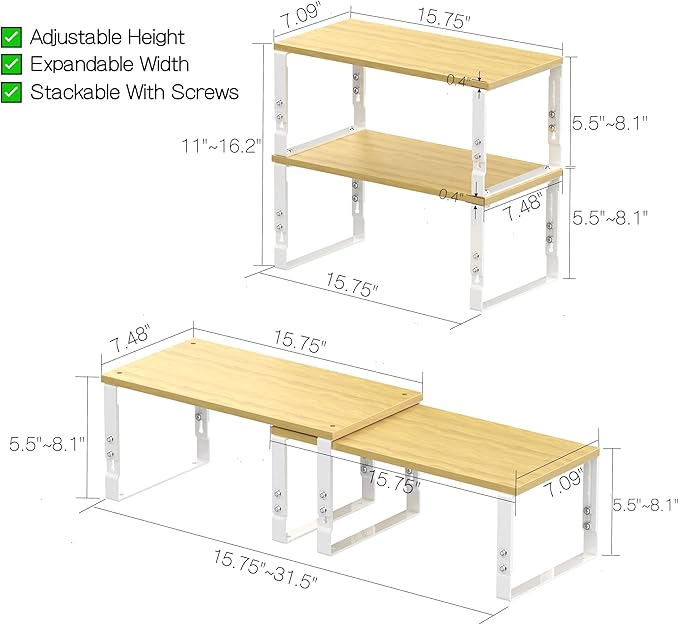 Adjustable Storage Shelves for Kitchen Cabinet Organization - Set of 2 Stackable Metal & Solid Wood Racks, Space-Saving Design for Countertop/Pantry/Garage, Easy Assembly(2 Packs/Large/White)
