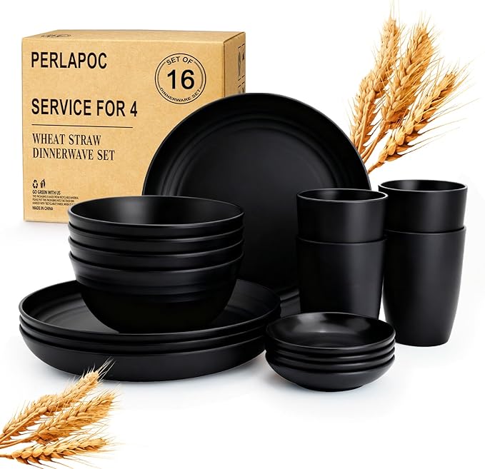 Wheat Straw Dinnerware Sets 16 PCS, Unbreakable Kids Plates and Bowls for 4-9 IN Plates, 26 OZ Cereal Bowls, 2 OZ Dipping Bowl, 12 OZ Cups, Dishwasher & Microwave Safe Plate Set - Black