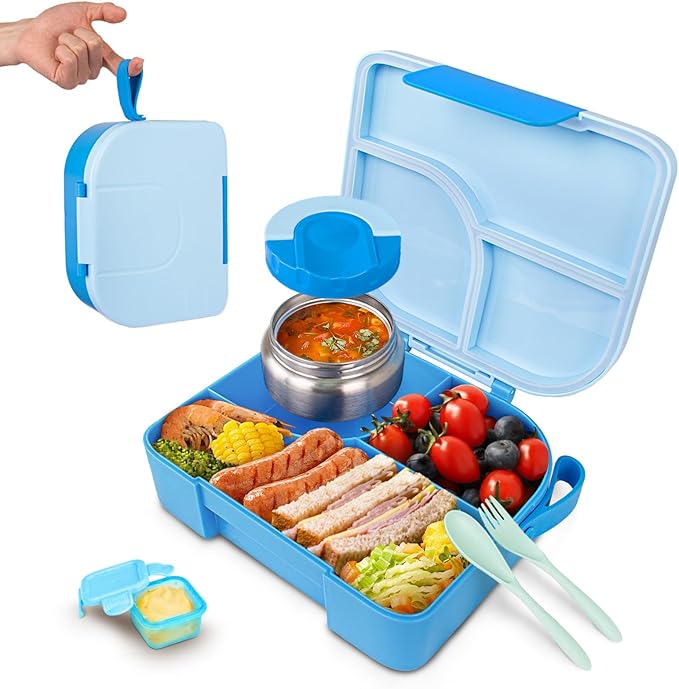 TinyPalsa Bento Box for Kids with 10oz Thermos, Durable Lunch Box with Leak Proof Insulated Food Jar, 3 Compartments with Portable Handle for Ages 3+, Dishwasher Safe, Ideal for School, Travel (Blue)