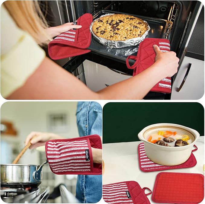 Silicone Pot Holders Set of 3 Heat Resistant & Non Slip Potholders, Professional Oven Hot Pads with Pockets Mitts for Kitchen Cooking Baking Barbecue (3, Red)