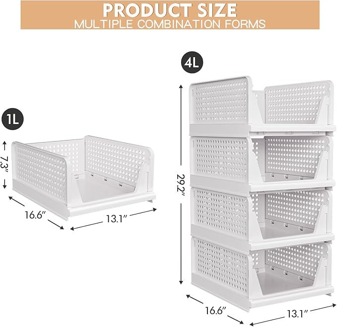 4 Pack Stackable Closet Storage Basket - Stackable Storage Bins, Multifunctional & Foldable Closet Organizer Divided, Wardrobe Cupboard Space-Saving Clothes Storage Hat Organizer, White