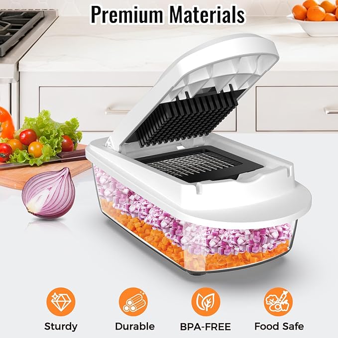 12 Blade All-in-1 Vegetable Chopper Mandoline Slicer with Container, Spiralizer with Contianers, Food Chopper, Onion Chopper, Veggie Cutter for Salad, Kitchen Gadgets Accessories Essentials, White