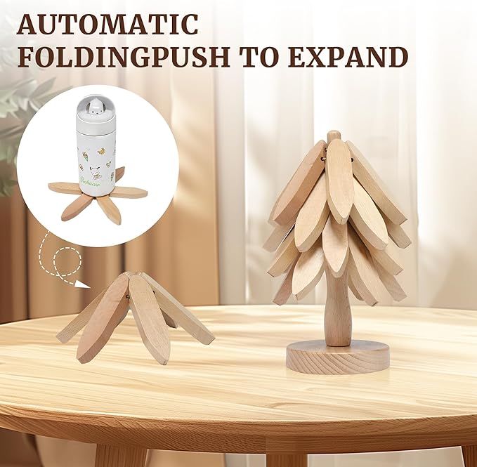 Tree Shape Wooden Trivets for Hot Dishes, 4 Wooden Trivets + 1 Stand stored Like a Christmas Tree，for Easy Storage，Multifunctional Ornaments (Walnut Brown)
