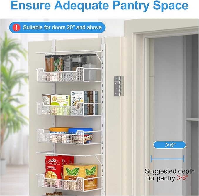 Over the Door Pantry Organizer, 8-Tier Over the Door Organizer with Adjustable Basket, Pantry Door Organization for Pantry Kitchen Storage Room Spice Rack, White