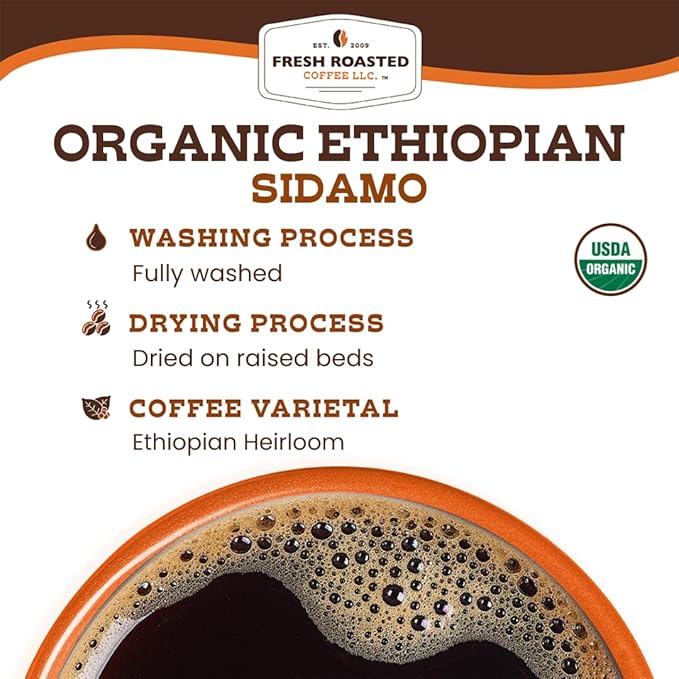 Fresh Roasted Coffee, Organic Ethiopian Sidamo | Fair Trade, USDA Organic, 100% Single Origin, Kosher | Light Roast 2 lb (32 oz) Whole Bean