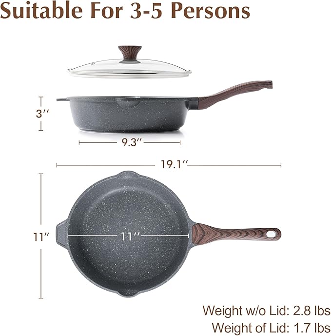 SENSARTE Nonstick Deep Frying Pan Skillet, 11-inch Saute Pan with Lid, Stay-cool Handle, Chef Pan Healthy Stone Cookware Cooking Pan, Induction Compatible