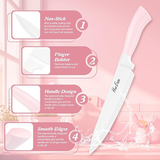 14 Pieces Knife Set with Block, Ceramic White Coating, High Carbon Stainless Steel Sharp Blade Block Knife Set, Dishwasher Safe Cutlery, Colliding Pink