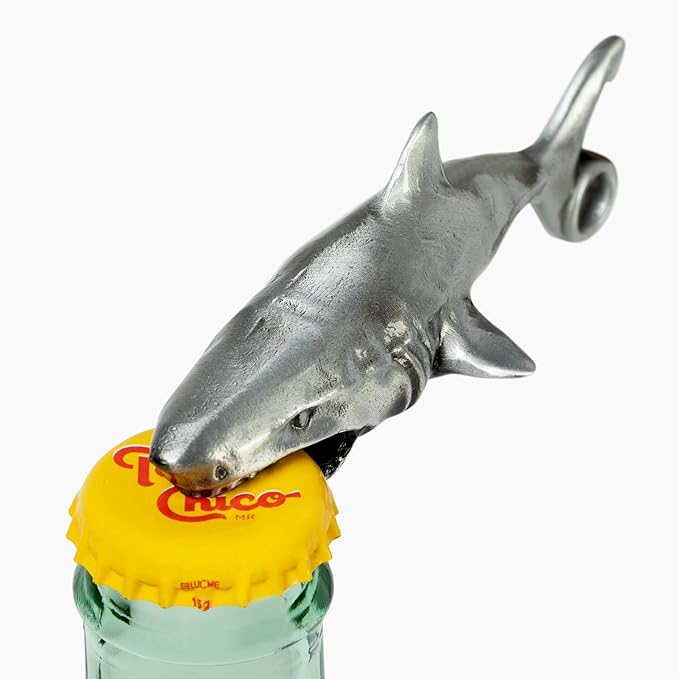 Great White Shark Bottle Opener - Heavy Duty Beer & Soda Cap Opener - Unique Ocean Theme Bar Tool - Fun Beach House Kitchen Gadget Gift (Antique Silver)