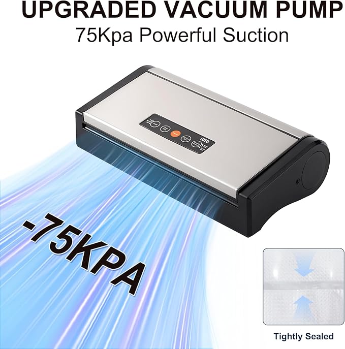 Vacuum Sealer Machine, 75kpa Rechargeable Full Automatic Food Sealer for Freshness Storage, Stainless Steel Portable Food Vacuum Sealers Machine with Pre-cut Bags, Air Hose for Outdoor Indoor