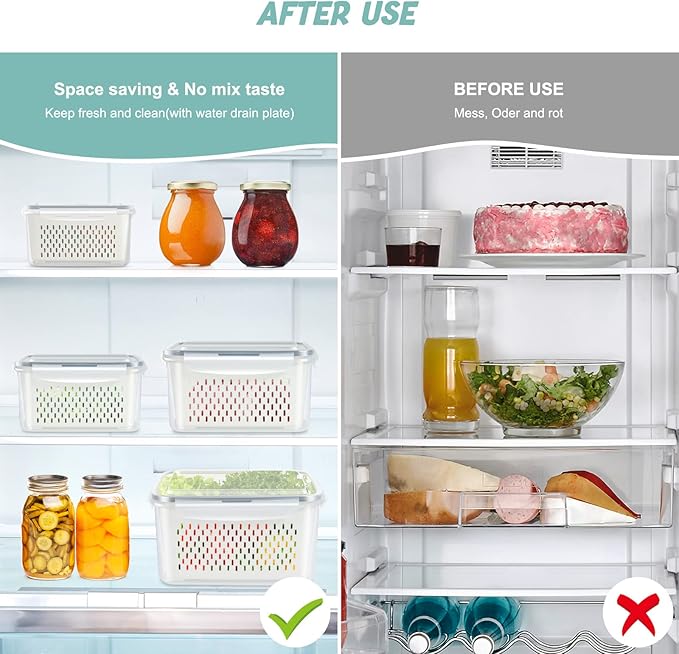 4 Pack Fruit Storage Container for Fridge, Plastic Fruit Containers for Fridge with Removable Colander, Container for Fruit Berry Salad Lettuce, BPA Free Kitchen Refrigerator Organizers